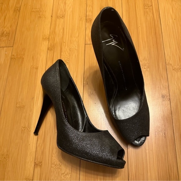 Giuseppe Zanotti Black Glitter Peep Toe Heels EU 40 US 9.5 10 - Picture 6 of 13